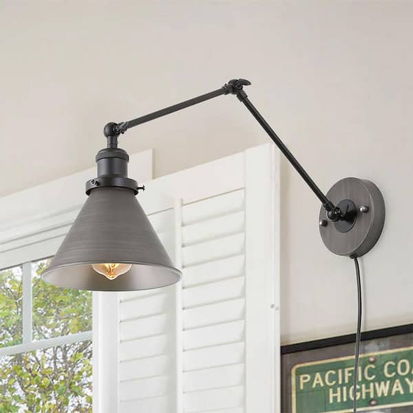 LNC 1-Light Black and Gray Plug-In or Hardwire Modern Industrial Adjustable Swing Arms Wall Sconce with Bell Lampshade