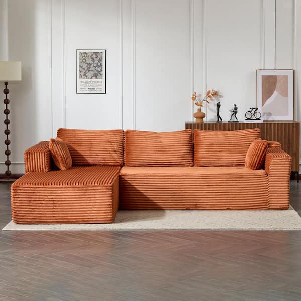 110 in. Corduroy Fully Compressed Sectional Sofa in Brown