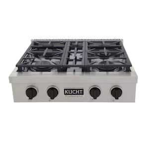 Professional 30 in. Natural Gas Range Top in Stainless Steel and Tuxedo Black Knobs with 4 Burners