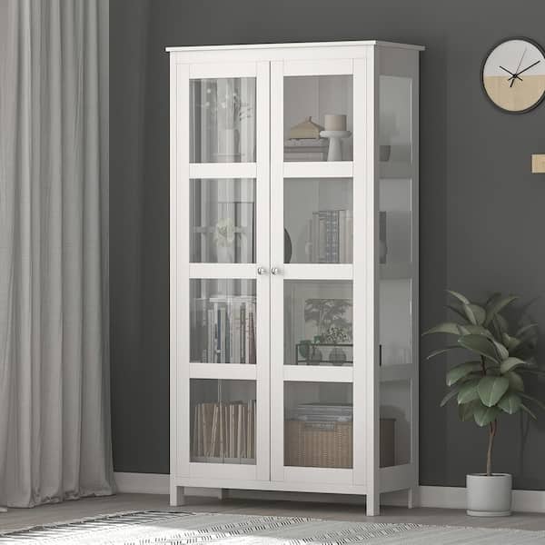 FUFU&GAGA 35.4 in. Wide x 70.9 in. Height White Wood 4-Tier Shelves Accent Bookcase Bookshelf with 2 Doors