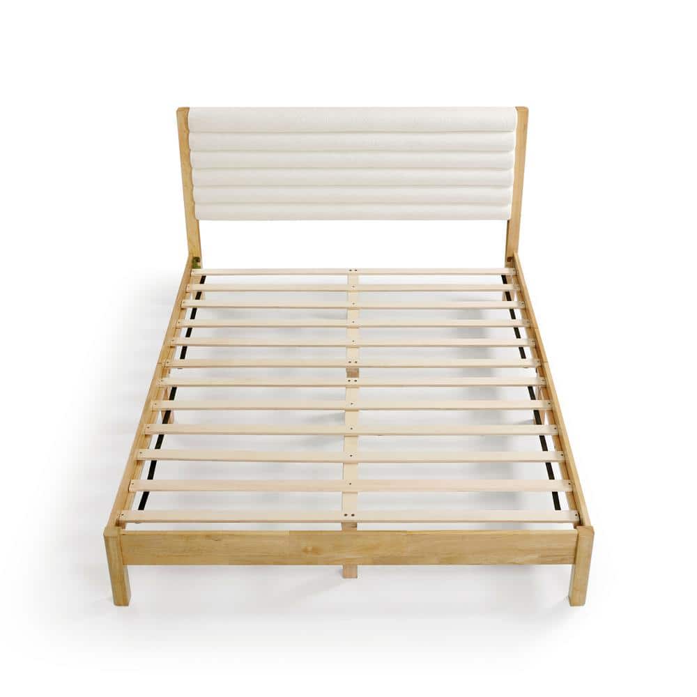 Natural Queen Platform Bed with Boucle Upholstered Headboard