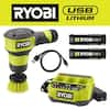 RYOBI USB Lithium Compact Scrubber Kit with 2 Ah Battery, Charging Cord, 2 in. Brush, 3 Ah Battery, and 3-Port Charger FVG51K-FVCH01-FVB03