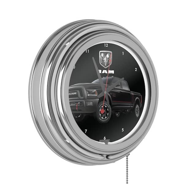 RAM Neon Wall Clock Black and White with Pull Chain-Pub Garage or Man Cave Accessories Double Rung Analog Clock