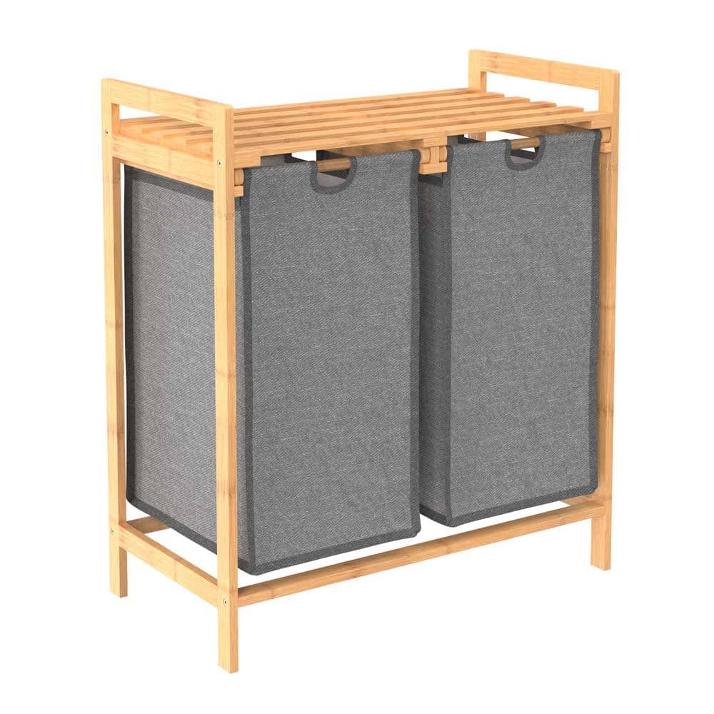 Natural Bamboo Dual Compartment Laundry Sorter with Gray Bags