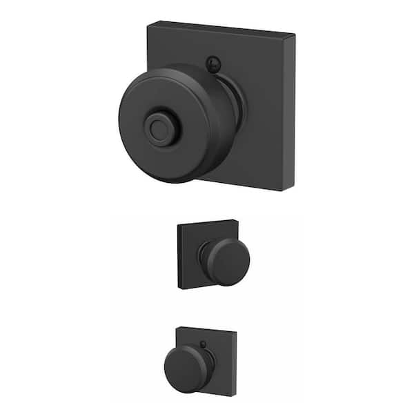 Bowery Matte Black Privacy Bed/Bath Door Knob with Collins Trim and Passage Hall/Closet Door Knob with Collins Trim Set