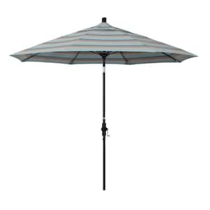 9 ft. Matted Black Aluminum Collar Tilt Crank Lift Market Patio Umbrella in Gateway Mist Sunbrella