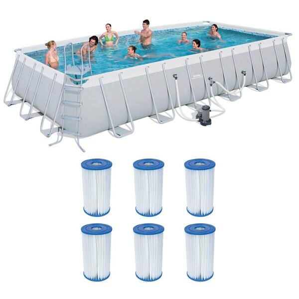 Bestway 24 ft. x 12 ft. Rectangular 52 in. D Metal Frame Above Ground Pool and Type IV/B Cartridges (6-Pack)