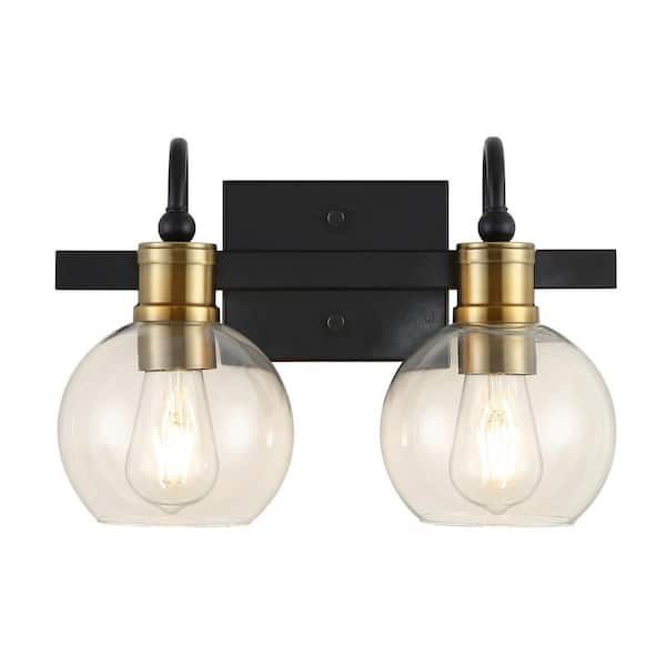 Marais 14.5 in. 2-Light Black/Brass Gold Iron/Glass Rustic Vintage LED Vanity Light