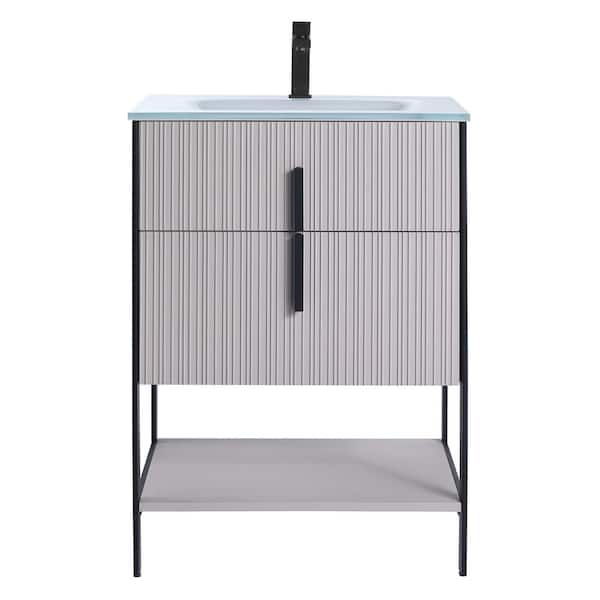 FINE FIXTURES 24 in. W x 18 in. D x 33.5 in. H Bright Taupe Bath Vanity with White Glass Single Hole Top Sink with Black Hardware