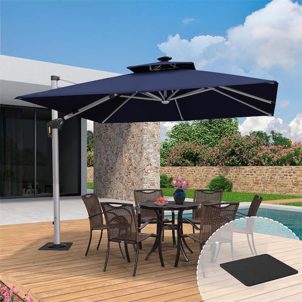 PURPLE LEAF 10 ft. Square Aluminum Solar Powered LED Patio Cantilever Offset Umbrella with Base Plate, Navy Blue