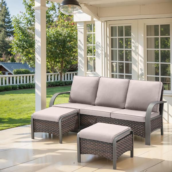 moosprr 3-Piece Brown Wicker Outdoor Couch Patio Conversation Set with Olefin Beige Cushions and Ottomans