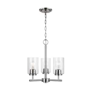 Oslo 15 in. 3-Light Brushed Nickel Transitional Contemporary Chandelier with Clear Seeded Glass Shades and LED Bulbs