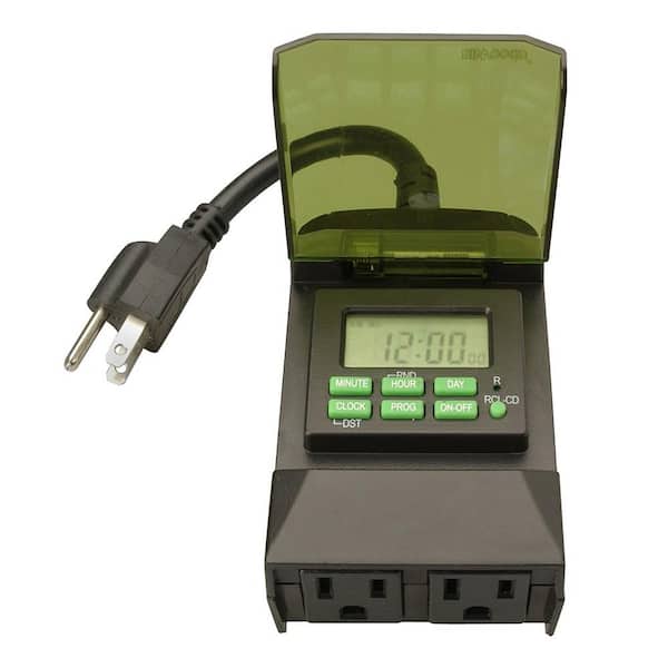 Woods 15-Amp 7-Day Outdoor Plug-In Dual-Outlet Digital Timer, Black