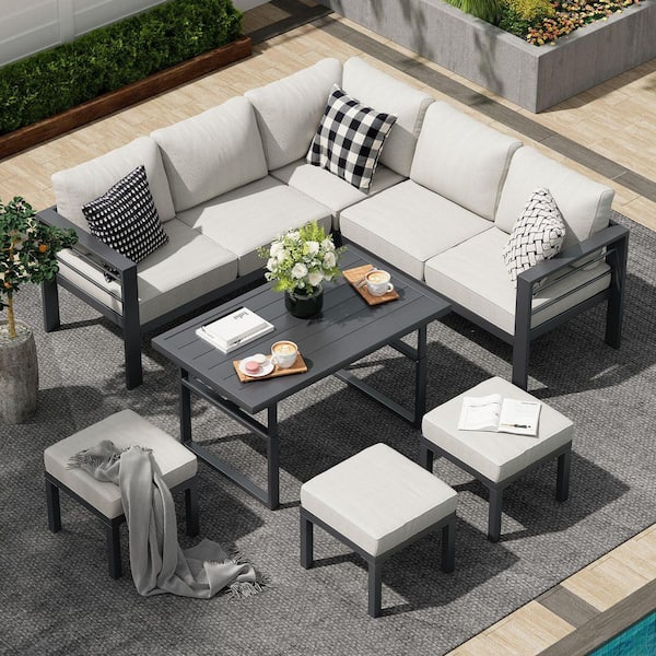 AECOJOY 7 Pieces Aluminum Patio Furniture Set, Modern Metal Outdoor Patio Conversation Sets with Coffee Table in Light Grey