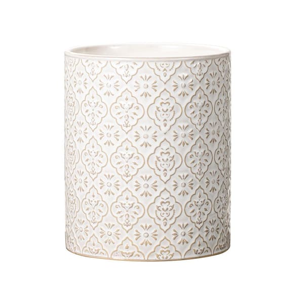 Off-White Ceramic Kitchen Utensil Holder with Embossed Pattern, Large Countertop Crock