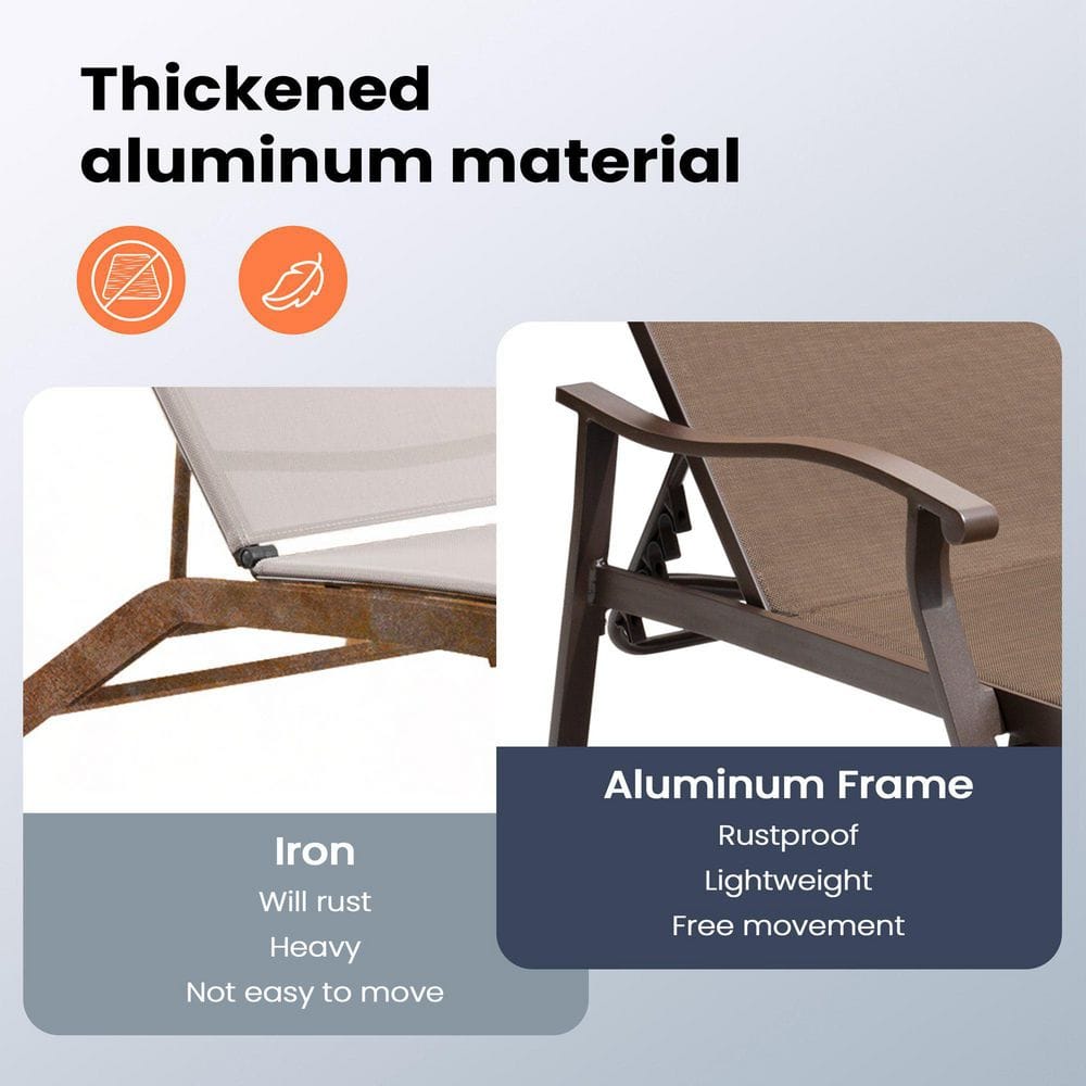 Brown Aluminum Adjustable Outdoor Chaise Lounge with Arms