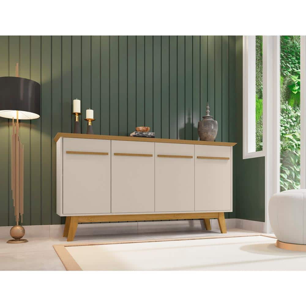 Off White and Cinnamon Mid-Century Modern Sideboard with Solid Wood Legs
