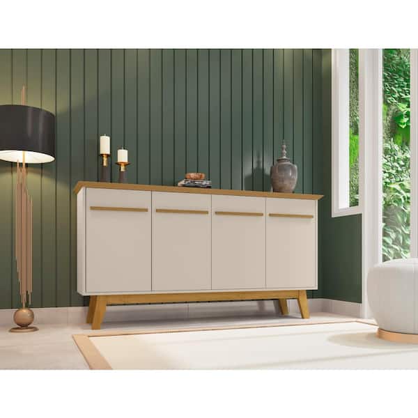 Manhattan Comfort Yonkers Mid-Century Modern Off White and Cinnamon Composite Wood 62.99 in. Sideboard with 4-Storage Shelves and 4-Doors