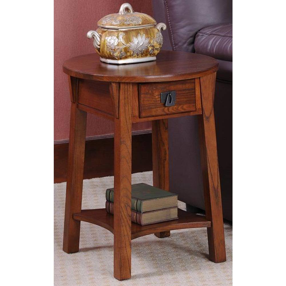 Russet Solid Wood Round End Table with Drawer and Shelf
