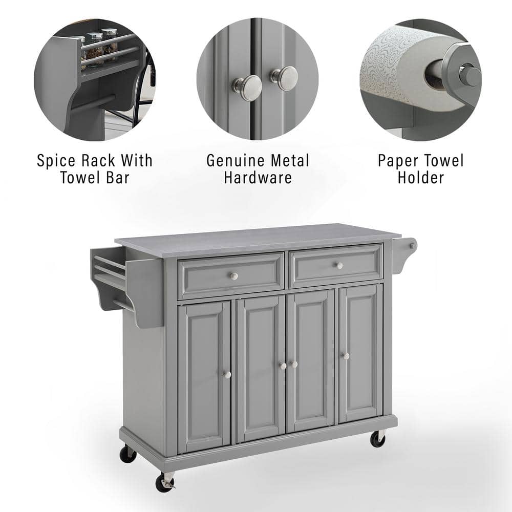 Gray Stainless Steel Top Rectangular Kitchen Cart with Storage