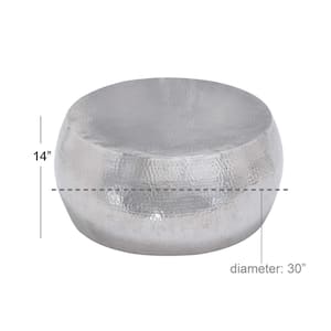 30 in. Silver Round Aluminum Drum Shaped Coffee Table with Hammered Design