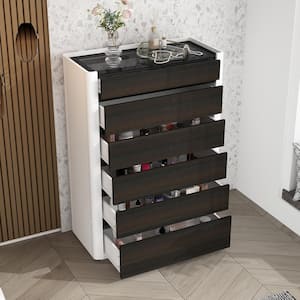 33.5 in. W Brown Wood Grain 6-Drawer Chest of Drawers Dresser With Glass Top and LED Lights, 15.7 in. D x 47.2 in. H