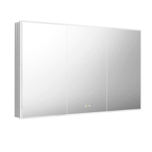 60 in. W x 36 in. H Large Rectangular Silver LED Anti-Fog Aluminum Recessed Medicine Cabinet with Mirror, Outlet and USB