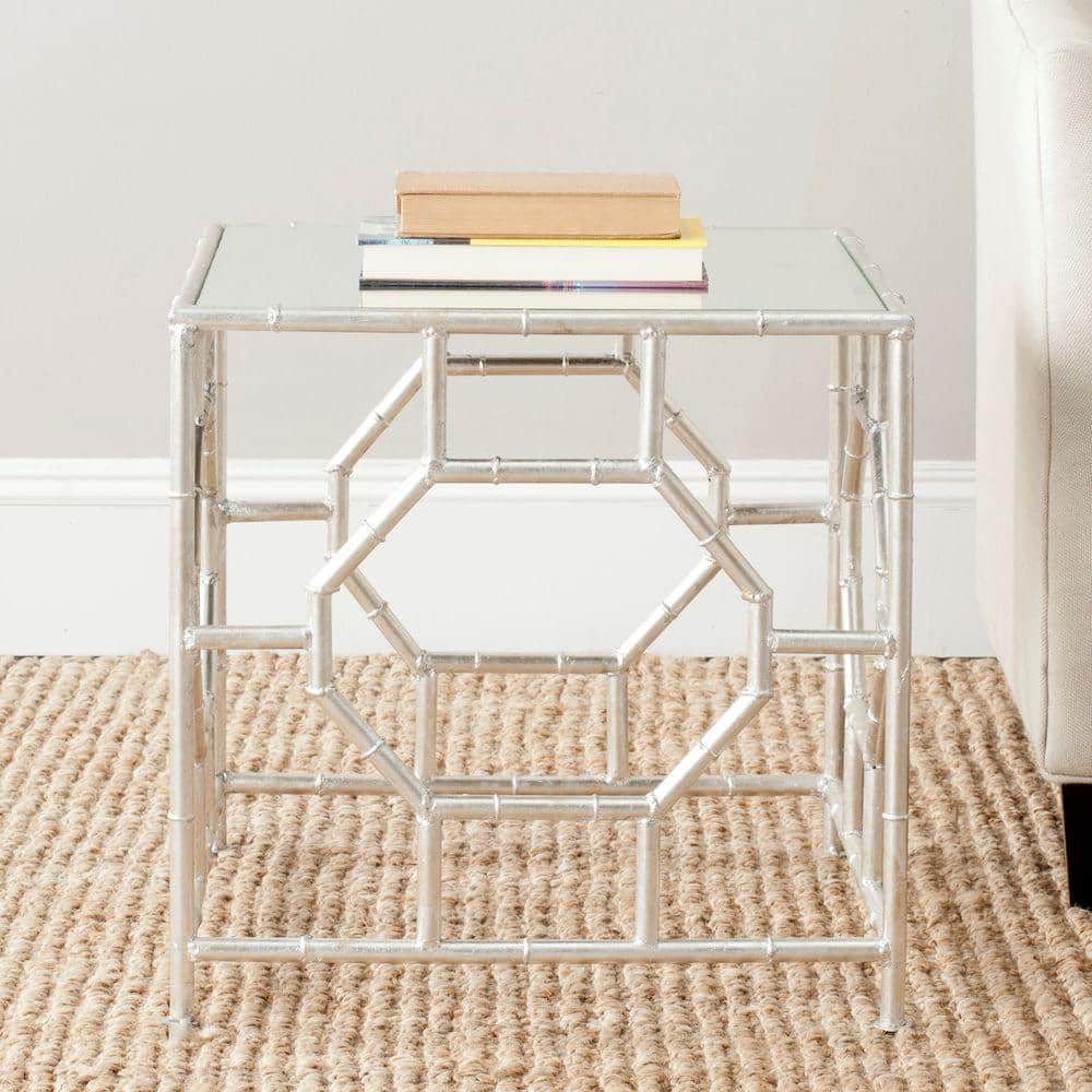 Chic Rory Silver Square Mirrored Accent Table with Faux Bamboo Base
