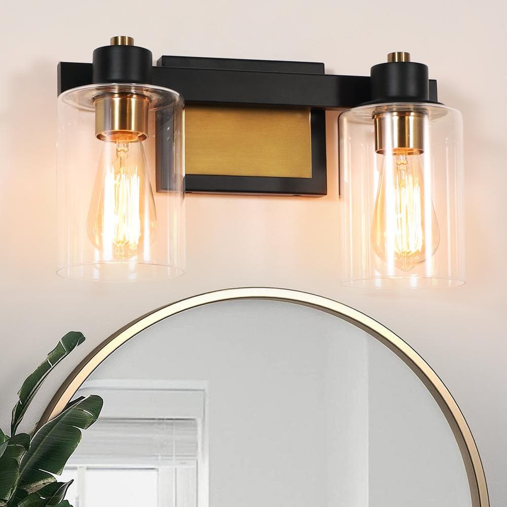 14 in. 2-Light Matte Black and Gold Bathroom Vanity Light with Clear Glass Shades price history on PriceWatchPro