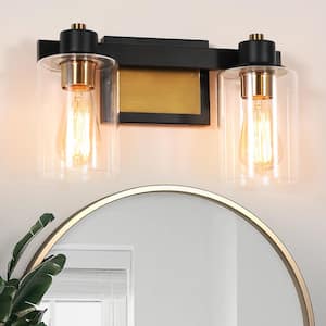 14 in. 2-Light Matte Black and Gold Bathroom Vanity Light with Clear Glass Shades
