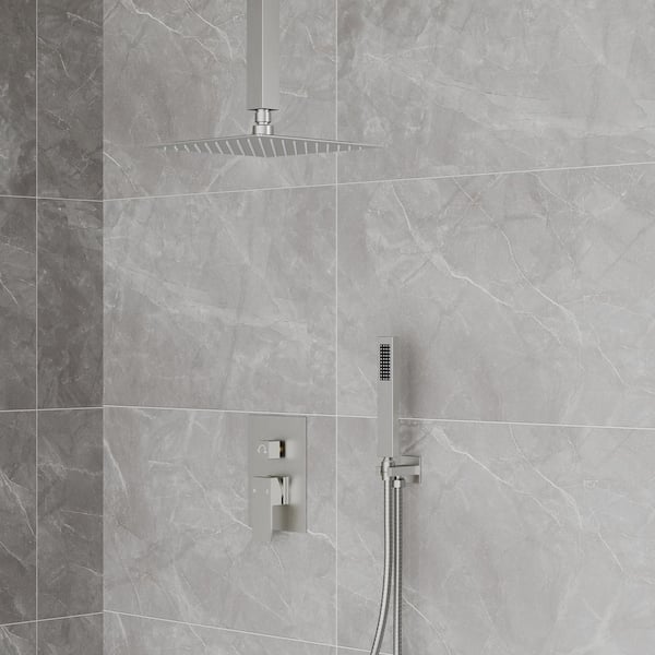 Single Handle 2-Spray Wall Mount 10 in. Shower Faucet 2.5 GPM with Adjustable Heads in. Brushed Nickel (Valve Included)