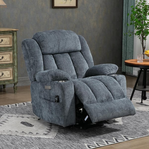 Blue Chenille Power Lift Recliner Chair with 8-Point Vibration Massage and Lumbar Heating, USB and Type-C Ports