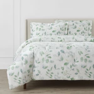Viola 3-Piece Green and White Watercolor Botanical Cotton Full/Queen Comforter Set