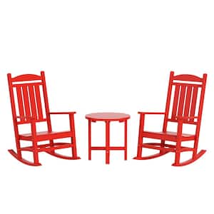 Laguna 3-Piece Classic Outdoor Patio Fade Resistant Plastic Rocking Chairs and Round  Side Table Set in Red