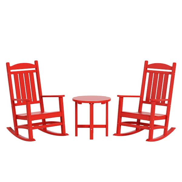 Laguna 3-Piece Classic Outdoor Patio Fade Resistant Plastic Rocking Chairs and Round Side Table Set in Red