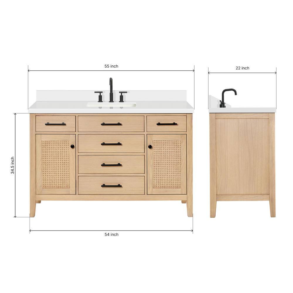 Camila 55" Light Brown Oak Freestanding Bathroom Vanity with White Quartz Top