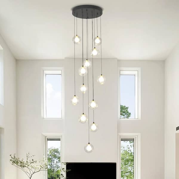 Raindrop 12 Lights Glass Ball Black Chandelier for Entryway Staircase Living Room, H118" High Ceiling Light