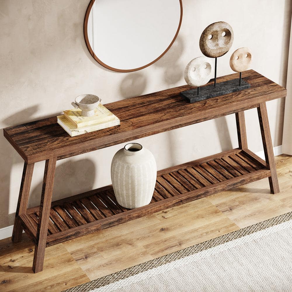 70.9-Inch Rustic Brown Wooden Console Table with Storage