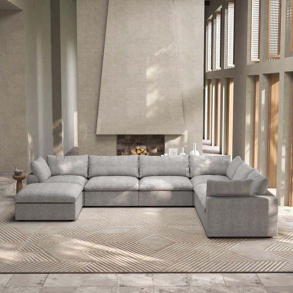 157.32 in. Square Arm Linen 7-Piece Free Combination Modular Sectional Sofa with Storage Ottomans in. Gray