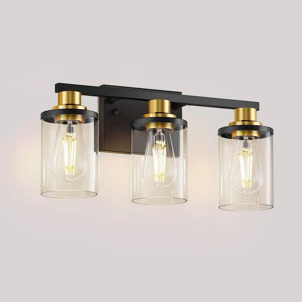 20 in. 3-Light Black and Gold Vanity Light for Bathroom or Bedroom with Clear Glass Shades