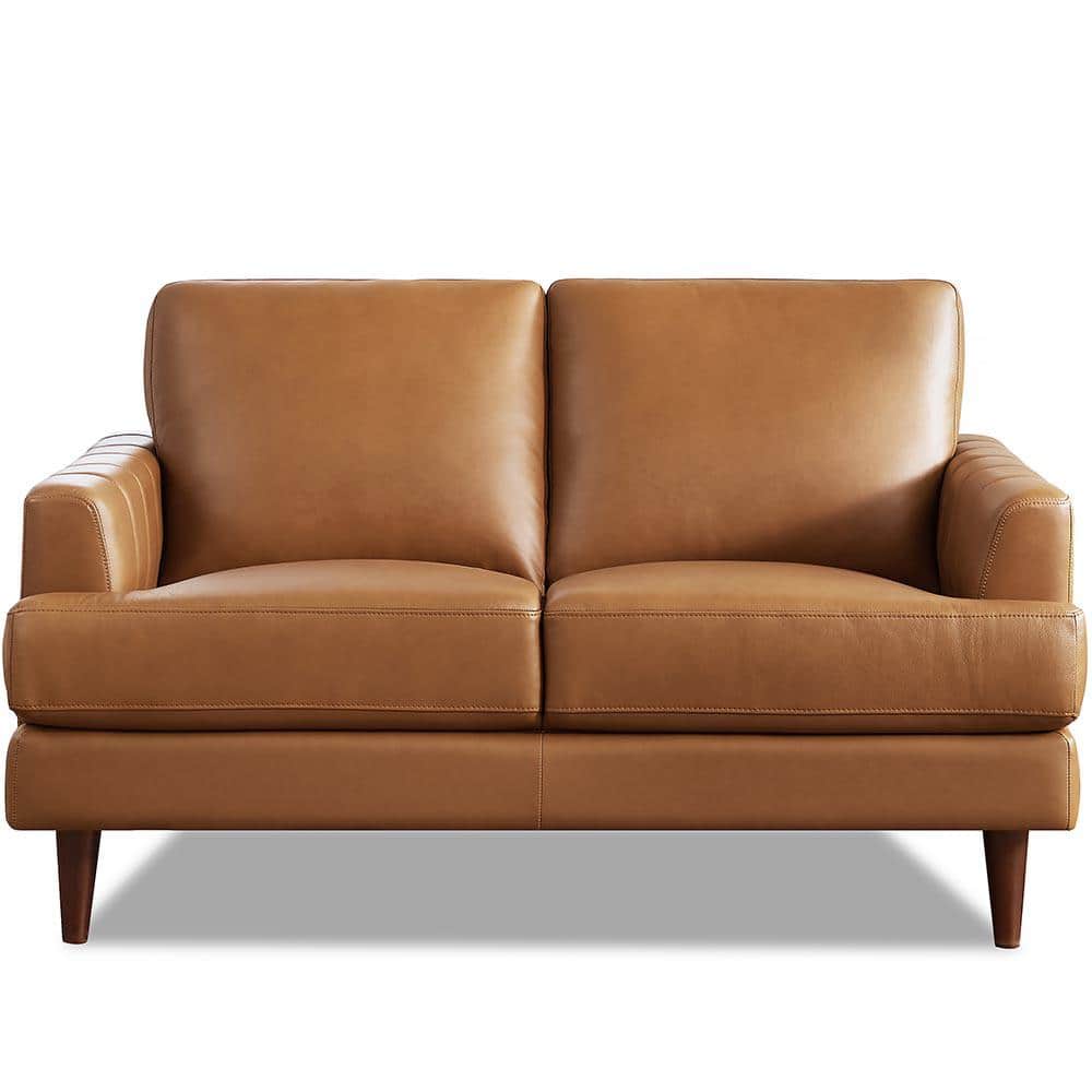Cassia 57 in. Cognac Brown Solid Top Grain Leather 2-Seater Loveseat with R