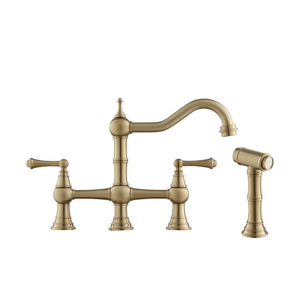 2-Handle Bridge Kitchen Faucet with Side Spray and Ceramic Spool in Brushed Gold