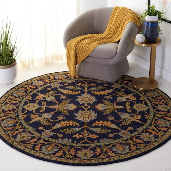 Blossom 6 ft. x 6 ft. Round Navy Garden Border Area Rug
