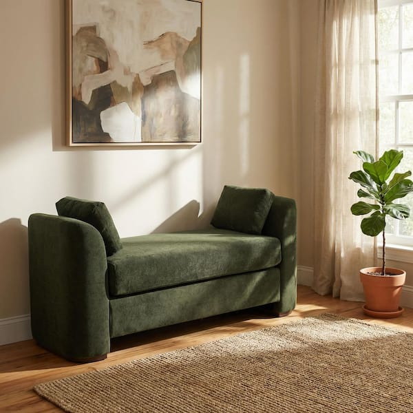 Heath Modern Olive Green 53.21 in. Velvet Upholstered Bedroom Bench with 2 Pillows