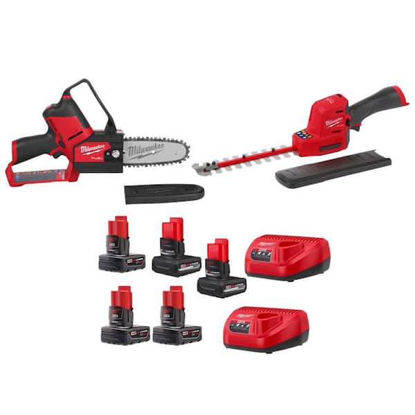 M12 FUEL 6 in. 12V Brushless Cordless Battery Pruning Mini Chainsaw w/ Hedge Trimmer, (5) Batteries, (2) Charger