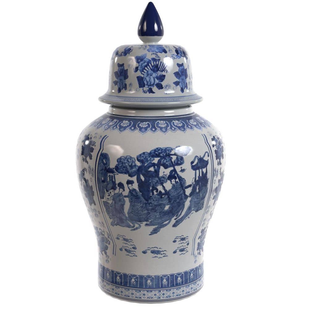 32 in. Oriental Furniture Ladies Blue and White Porcelain Temple Jar