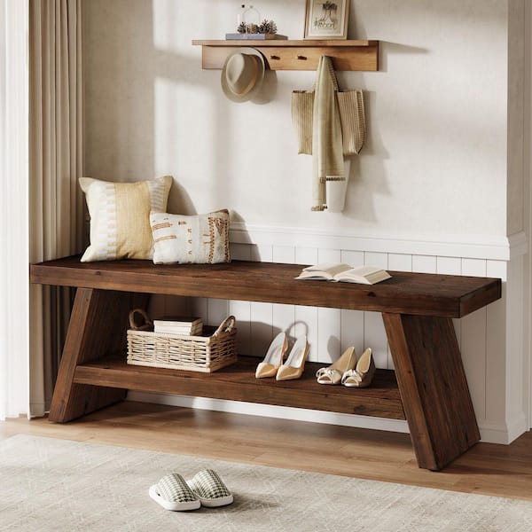 Brennan 47 in. Solid Wood Dark Brown Rectangal Entryway Dining Bench 2 Open Back Shelves Indoor Home Office Farmhouse