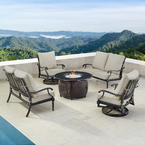 Black 5-Piece Aluminum Patio Fire Pit Set with Light Grey Cushions
