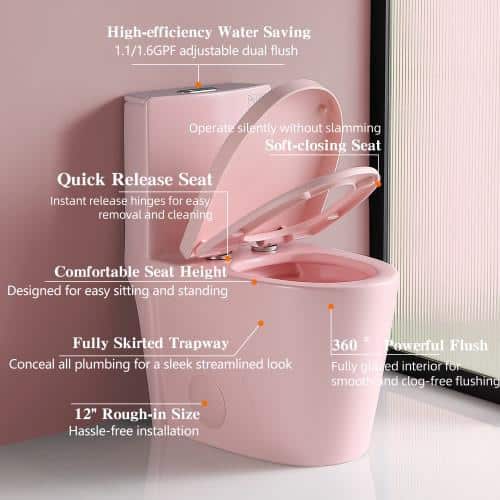Rose Pink Ceramic Dual Flush Elongated One-Piece Toilet