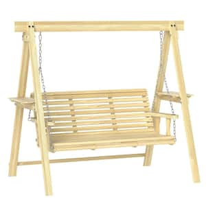 3-Seat Porch Swing with Stand, Wooden Patio Swing Chair with Side Tables and Metal Chains